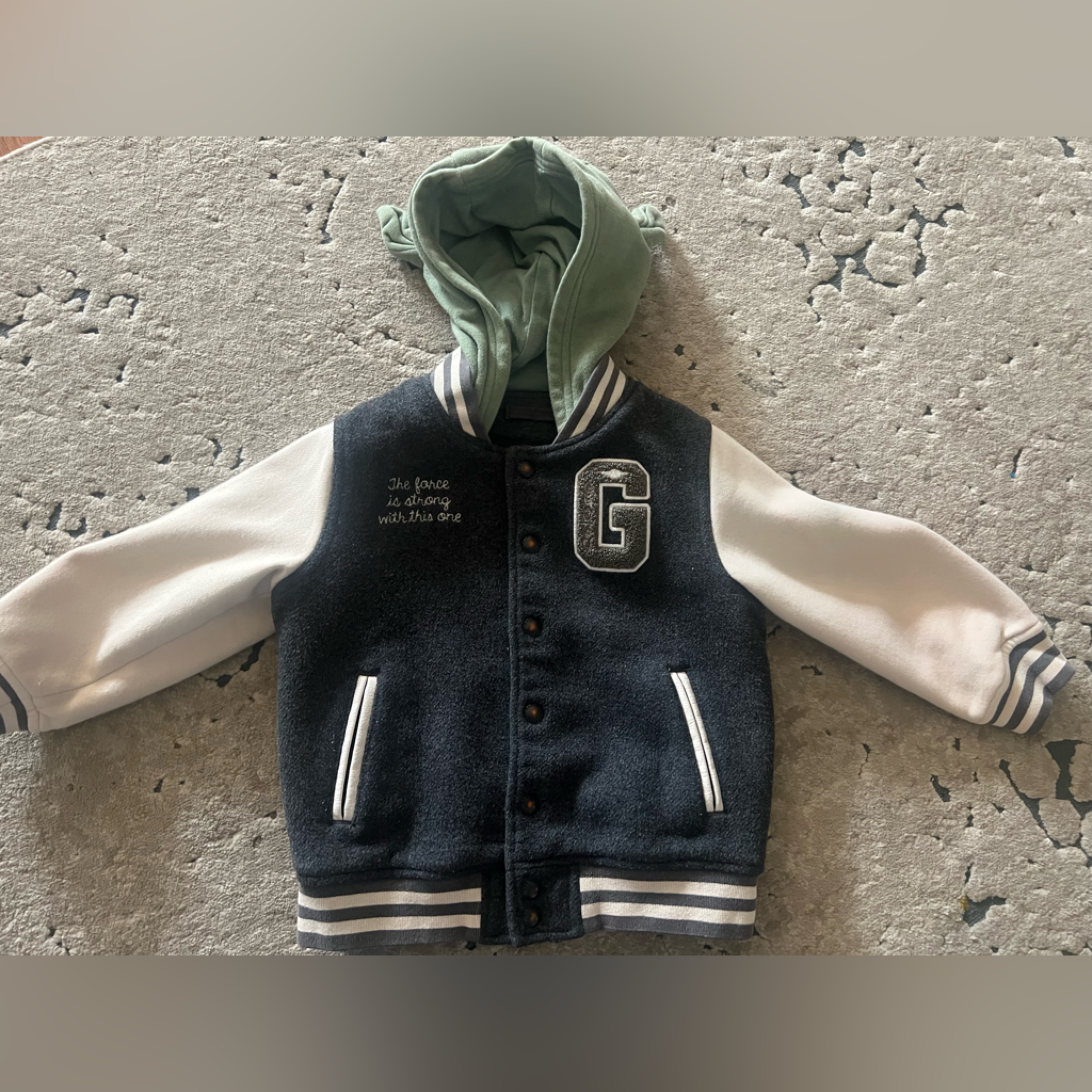 Gap Starwars Navy And White Varsity Jacket With Baby Yoda Green Hood